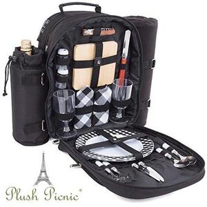 Plush Picnic - Picnic Backpack / Picnic Basket with Cooler Compartment, Detachable Bottle/Wine Holder, Fleece Blanket, Plates and Cutlery Set (2 Person)