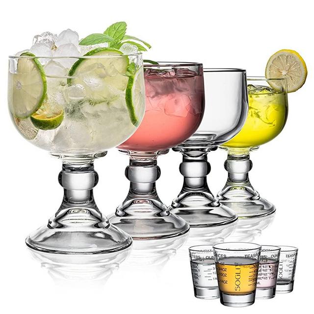 SOGLIT Large Margarita Schooner Beer Glasses 21 ounces -4 PACK Measuring Shot Glasses Espresso -4 PACK Shrimp Cocktail Glass set Goblet Coronaritas Margaritas Glasses 