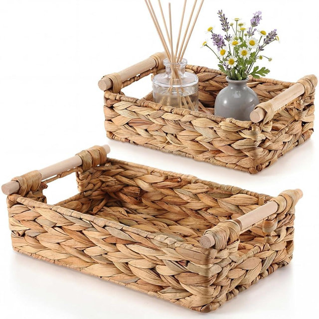 Acellegic 2 Pack Toilet Paper Storage Basket, Wicker Baskets for Bathroom, Water Hyacinth Baskets with Wooden Handles for over Toilet Storage Shelf, End Table, Shelves and More(Medium&small)
