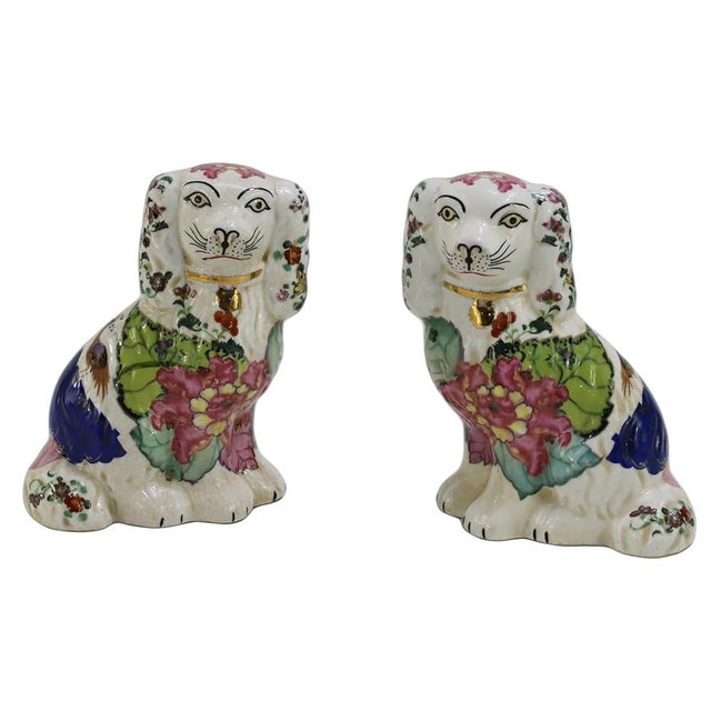 SYNWISH Hand Painted Vintage Porcelain 5.9" Small Tobacco Leaf Spaniel Dogs Figurines, Pair of Mantle Dogs, for Collectibles Home Décor Unique Gifts