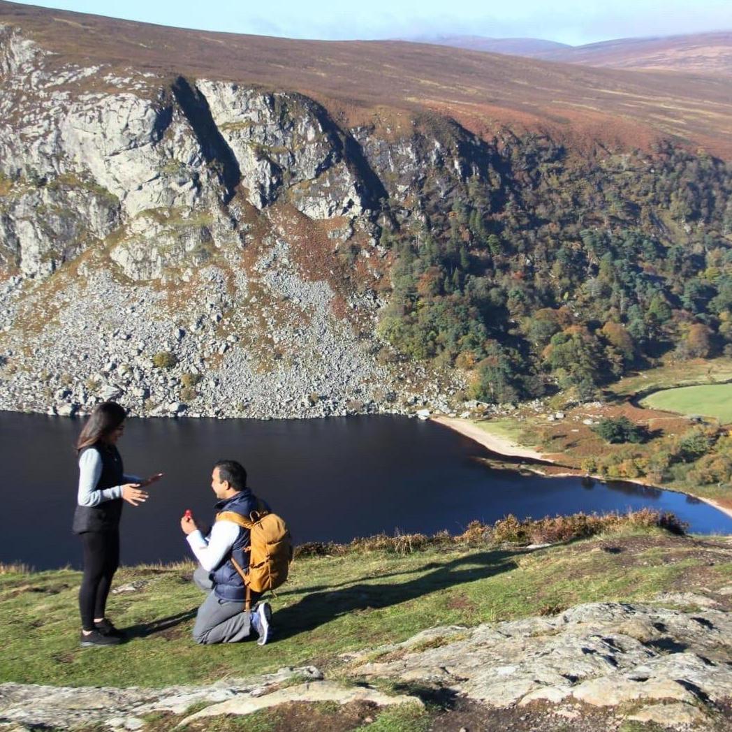 The proposal off a cliff near Lough Tay, Ireland.