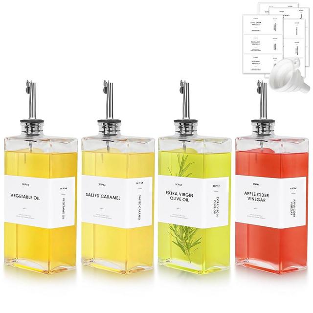 KFM Set Of 4 Olive Oil Dispenser for Kitchen, 17oz Glass Oil Bottle with 2 Stainless Steel Pourers and 44 Labels, Perfect for Oil, Vinegar, Soy Sauce, and Syrups