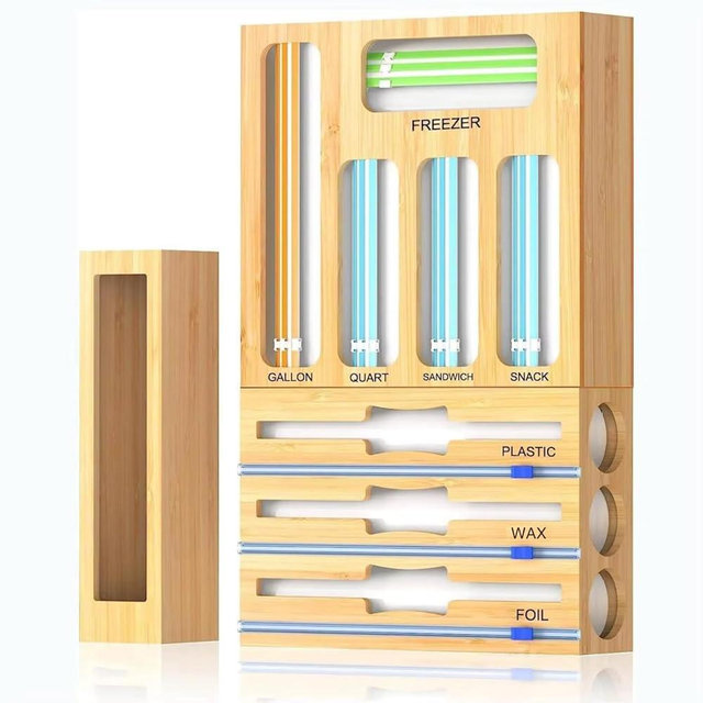 9 IN 1 Storage Bag Organizer for Kitchen Drawer, Bamboo Foil and Plastic Wrap with Cutter, Organizers Compatible Gallon, Quart, Sandwich Snack Size