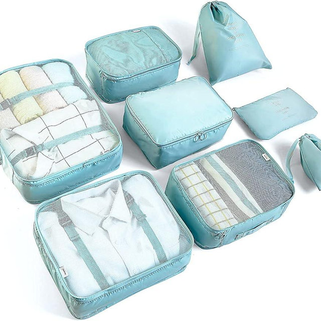 LANSKLBD 8 Set Packing Cubes for Suitcases Travel Luggage Packing Organizers,Travel Essentials Luggage Organizer for Travel Accessories Shoe Bag Tioletry Bag Laundry Bag (light blue)