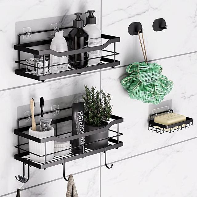 AJayHao 3-Pack Shower Caddy Shelf with Adhesives, 6 Hooks, Soap Dish, Wall Mounted Rustproof Bathroom Organizer Basket, No Drilling, 304 Stainless Steel Storage Rack.(Black)