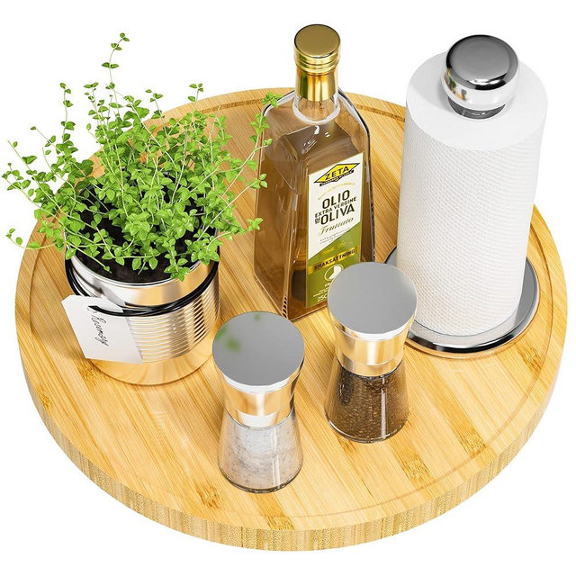 Lazy Susan for Table, 12 Inch Non-Skid Bamboo Turntable Organizer for Salt Pepper Spices and Olive Oil Next to Stove, Wooden Lazy Susan Organizer for Kitchen Countertop Organizer