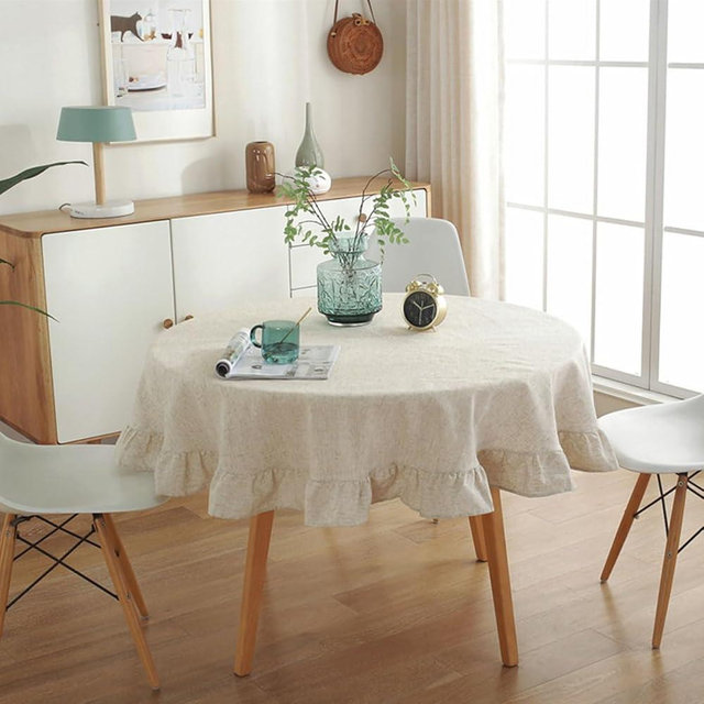 Bringsine Cotton Linen Tablecloth Flounces Fabric Table Cloth Cover for Kitchen Dinner Picnic Table Cloth Home Decoration (Round, 60 Inch)