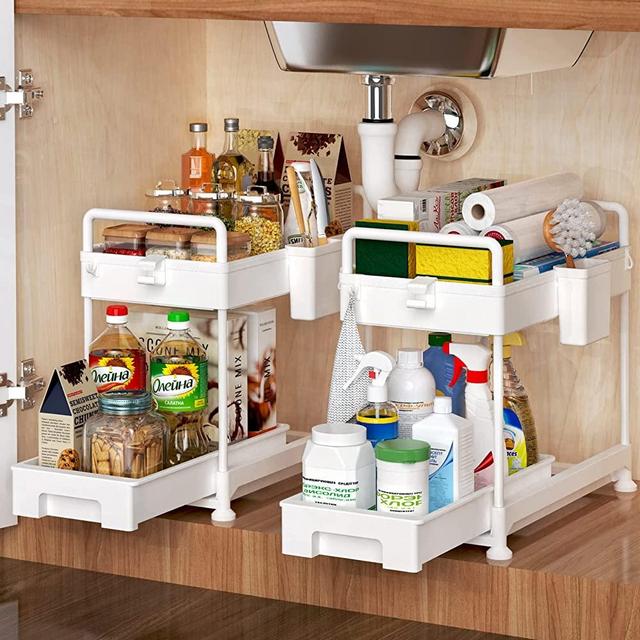 SOYO Under Sink Organizers and Storage 2 Pack, Bathroom Organizer Under Cabinet Storage, Undersink Sliding Basket Drawer for Kitchen Organization, Pull Out Shelf with Handles, Hanging Cups, White