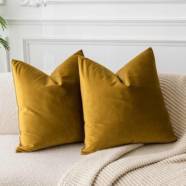 JUSPURBET Mustard Yellow Velvet Throw Pillow Covers 22x22 Set of 2,Decorative Soft Solid Cushion Cases for Couch Sofa Bed