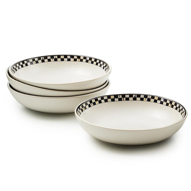 MACKENZIE-CHILDS Set of 4 Everyday Pasta Bowls, Microwave-Safe and Dishwasher-Safe Stoneware Bowls, Black-and-White Courtly Check