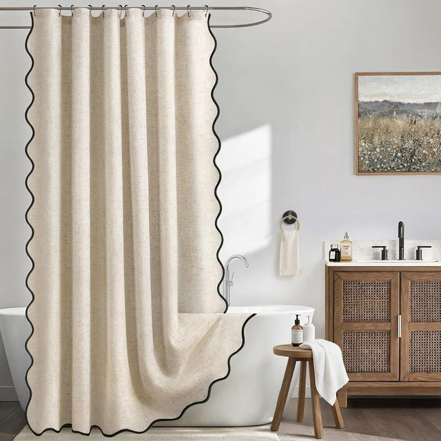 XOGUIBO Long Shower Curtain 78 Inch Linen Beige Cute Black Scalloped Boho Modern Shower Curtains for Bathroom Set, 72" W x 78" L