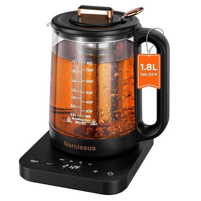 Narcissus Electric Kettle Temperature Control ±5℉, 1.8L Glass Electric Tea Kettle with Removable Infuser for Flowers & Fruit Tea, 1200W Fast Boiling, 6 Hours Keep Warming, Black