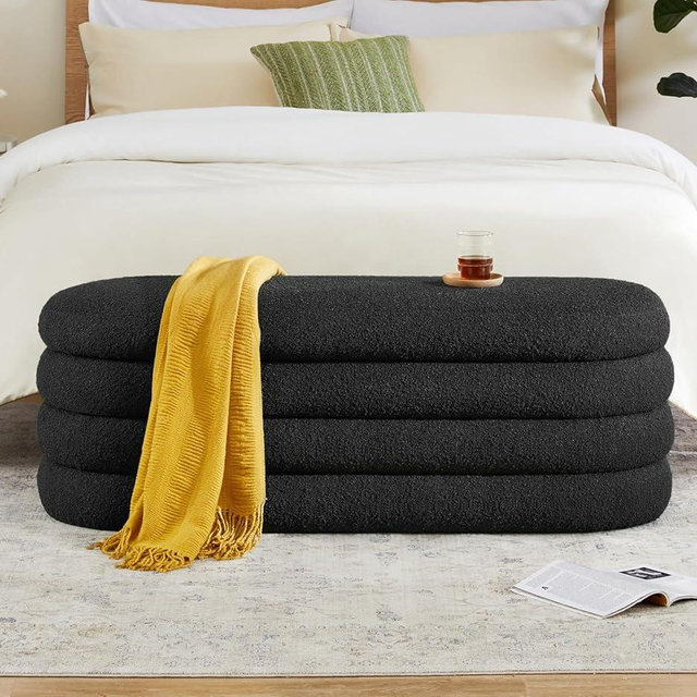 Storage Ottoman Bench 49.2 Inch Upholstered Fabric Storage Bench for Bedroom End of Bed Aesthetic Large Oval Storage Ottoman for Living Room Entryway (Black)