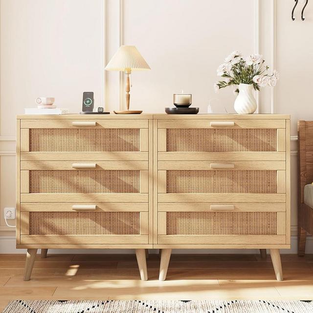 Rovaurx Set of 2 Rattan Nightstand with Charging Station, Night Stand with 6 Drawers, 28.5 Inch Bedside End Table for Bedroom, Side Table with USB Ports and Outlets, Boho Style, Natural RCTG110ME02