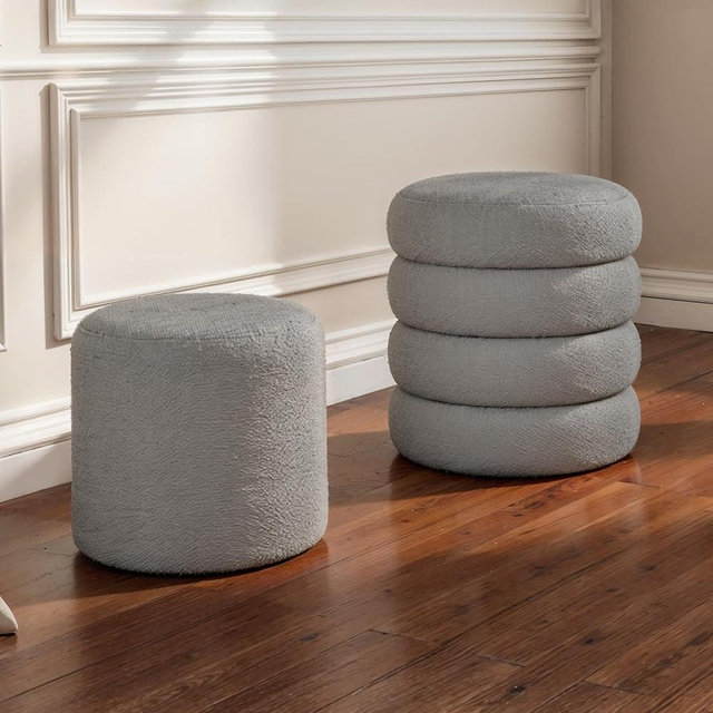 ABHENG Round Set of 2 Sherpa Storage Ottoman Stool Boucle Vanity Stool Footstool with Removeable lid Load up to 440 lbs for Livingroom Bedroom Gray UASND68G