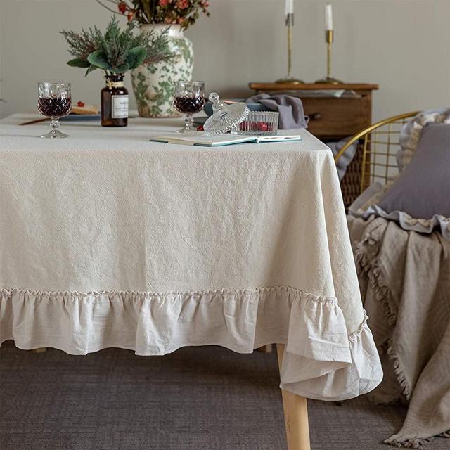 Glory Season Retro Farmhouse Ruffle Tablecloth Cotton Flounces Trim Washable Table Cover Tablecloths for Rectangle Table Baby Shower Kitchen Party Wedding Decor,White 60''x84''