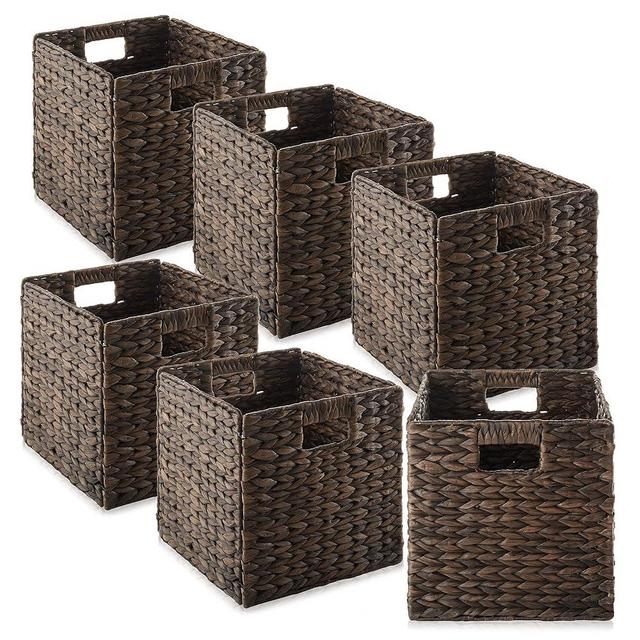 Casafield 10.5" x 10.5" Water Hyacinth Storage Baskets, Espresso - Set of 6 Collapsible Cube Organizers, Woven Bins for Bathroom, Bedroom, Laundry, Pantry, Shelves