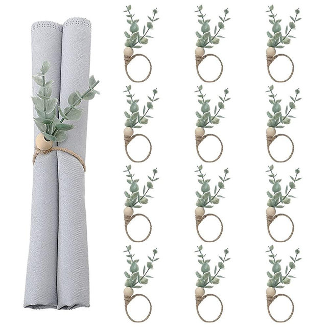 MLURCU Napkin Rings Set of 12, Farmhouse Napkin Rings Eucalyptus Napkin Rings Wooden Napkin Rings Spring Rustic Green Leaf Napkin Rings for Thanksgiving Easter Christmas Wedding Table Decor