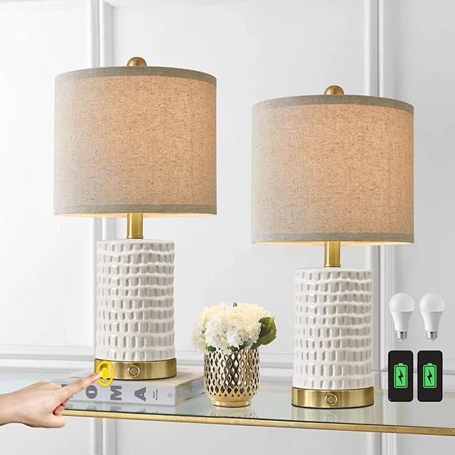 PORTRES 19’’ Farmhouse 3-Way Dimmable Touch Ceramic Table Lamp Set of 2 for Bedroom White Bedside Lamps with 2 USB Charging Ports for Living Room Nightstand Lamp End Table Lamps(2 Bulbs Included)