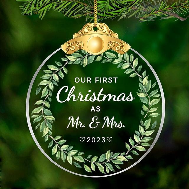 First 1st Christmas Married Ornament 2023, Our First Christmas as Mr & Mrs 2023 Ornament, Wedding Gifts for Couples Married Newlyweds Unique 2023, 2.75" Circle Glass Ornament Keepsake