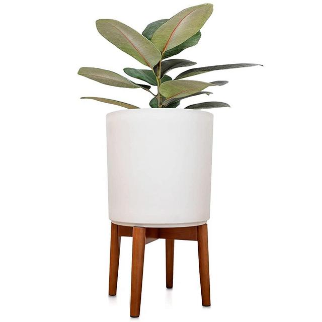 APOC HOME 10 Inch Planter Pot with Stand, Mid-Century Tall Plant Pot with Stand, Indoor Plants, Medium, White