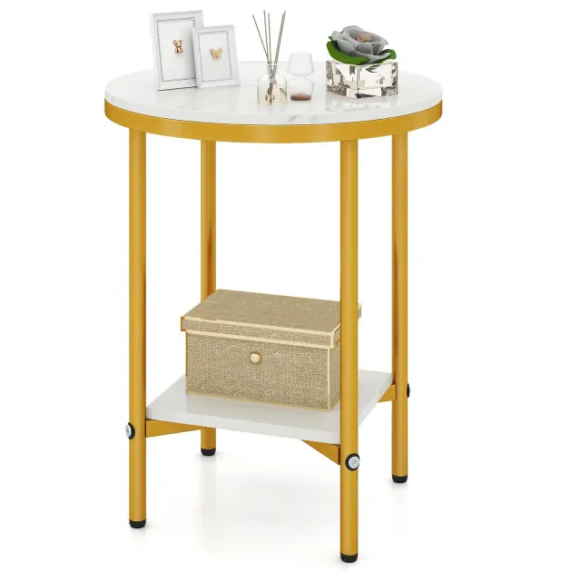 Costway 16" 2-Tier Round Side Table w/Storage Shelf Gold Metal Frame for Living Room