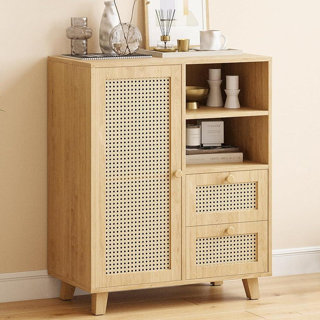 Farini Sideboard Buffet Cabinet, Storage Cabinet with Drawers, Rattan Buffet Cabinet with Adjustable Shelf, Accent Cabinet for Living Room, Kitchen, Entryway, Nature