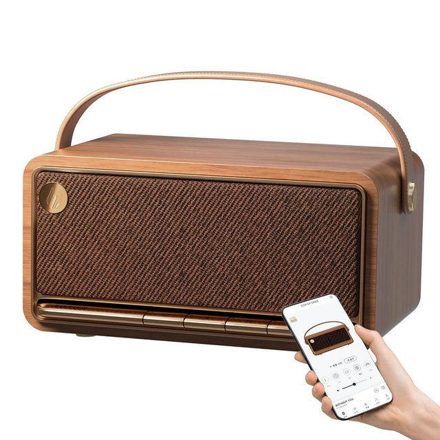 Edifier Retro Wood Bluetooth Speaker, Wireless Portable Speakers with 40W Hi-Res Audio, Stereo Pairing ConneX App, USB and TF Card Brown