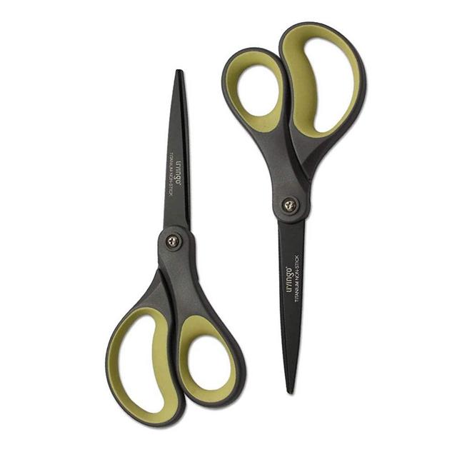 LIVINGO 2 Pack 8" Titanium Non-Stick Scissors, Professional Stainless Steel Comfort Soft Grip, All-Purpose, Straight Office Craft Scissors for Tape, Paper, Cardboard(Green/Yellow)