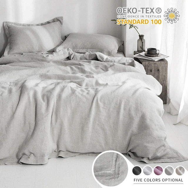 Simple&Opulence 100% Linen Duvet Cover Set with Embroidery Border Stone Washed - Queen Size - 3 Pieces (1 Duvet Cover with 2 Pillow Shams) with Button Closure Soft Breathable Farmhouse - Grey