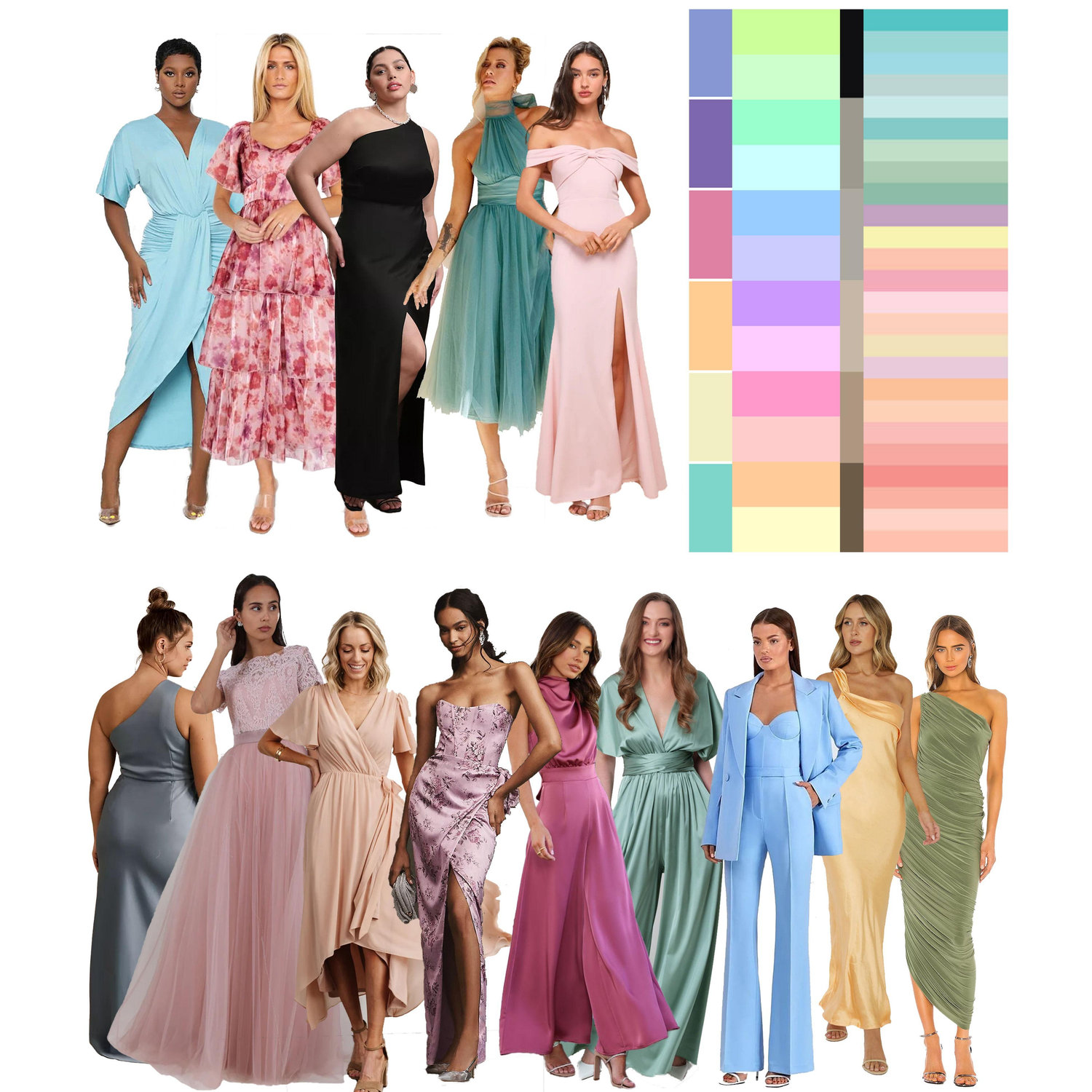 Knee length cocktail attire. Slits are fine. Off shoulder, one shoulder, and strapless necklines are fine. Please no side cut-outs. Opt for light/pastel colors, beige, grey or black. Patterns are okay