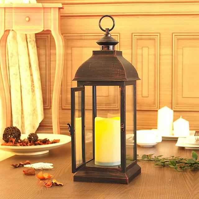 WRalwaysLX 15 inch H The Door-Open Decorative Lantern with flameless LED Candle Light, Outdoor/Indoor LED Lantern, wtith Timer Candle，Plastic with Bronze Undertones.USE 2C Battery(not Include)