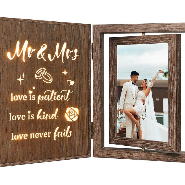 EYITUPC Light Up Wedding Picture Frame for Couples – Wooden Rotating Glowing 4x6 Double Photo Frame with MR & MRS Quote, Rustic Wedding Gifts for Newlyweds & Bridal Shower Gifts