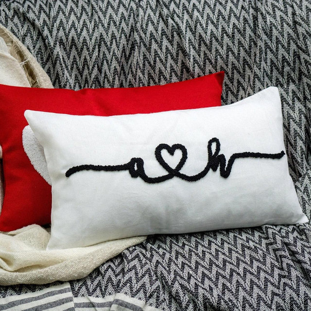 Custom Initial Punch Needle Couple Gift Pillow, Personalized Couple Gift Idea, Valentines Day Gift, Custom Lumbar Pillow, Valentine Decor,