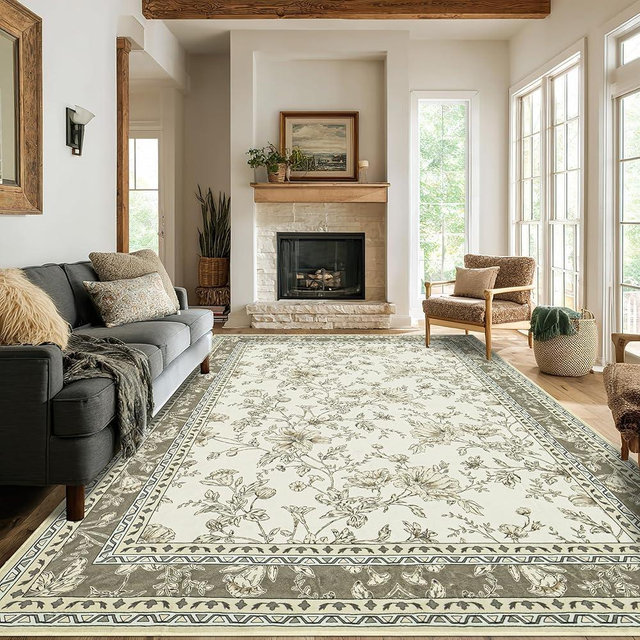 Farmhouse Beige Floral 8x10 Area Rugs for Living Room, Cream Tan Taupe Sketch Pattern Bedroom Rug Boho Low Pile Dining Room Washable Carpet 8x10, Vintage Soft Indoor Non-Slip Floor Covering Nursery