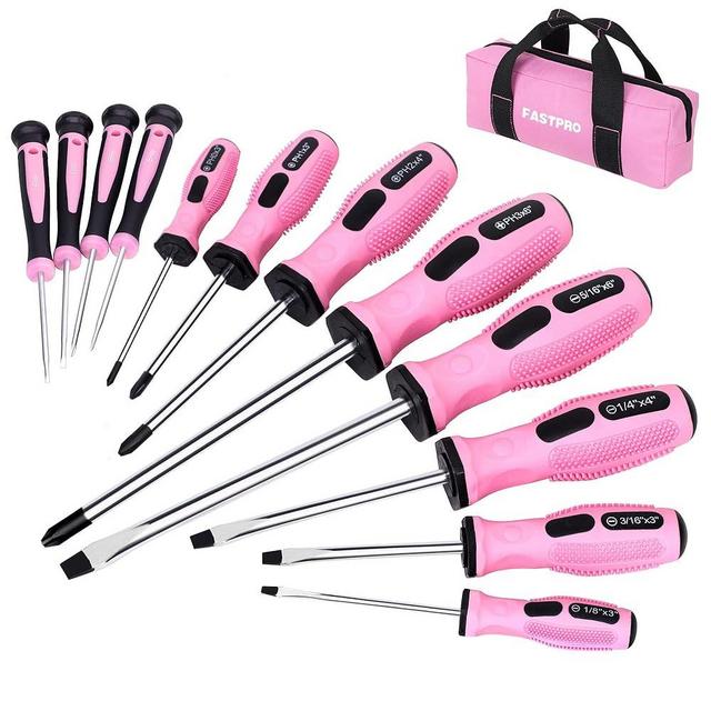FASTPRO 12-Piece Pink Magnetic Screwdrivers Set with Slotted Phillips Screwdrivers and Precision Screwdrivers, Repair Tool Kit for Women with Storage Bag