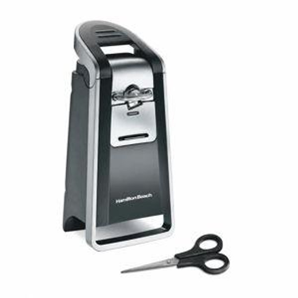 Hamilton Beach Smooth Edge Electric Automatic Can Opener for Kitchen with Easy Push Down Lever, Extra Tall, Includes Stainless Steel Scissors, Black and Chrome (76607)
