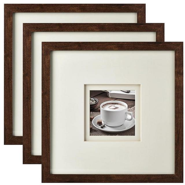 Yaetm 12x12 Square Picture Frame Matted to 5x5, Double Floating Ivory Mat, Brown Wood Grain Photo Frame with Polished HD Tempered Glass, Gallery Wall Art Frame for Wall Mounting, 3 pack
