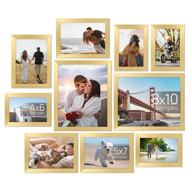 upsimples 10 Pack Picture Frames Collage Wall Decor with Glass, Gallery Wall Frame Set for Wall Mounting or Tabletop Display, Multi Sizes Including 8x10, 5x7, 4x6 Family Photo Frames, Gold
