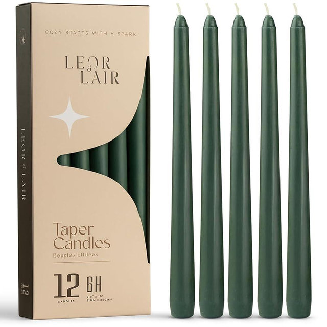 Leor & Lair Green Taper Candles - 12 Pack 10" Green Candlesticks for Christmas - Unscented Long Burning Candle Sticks for Spring, Home Decor, Dinner, Holidays, Weddings & Events