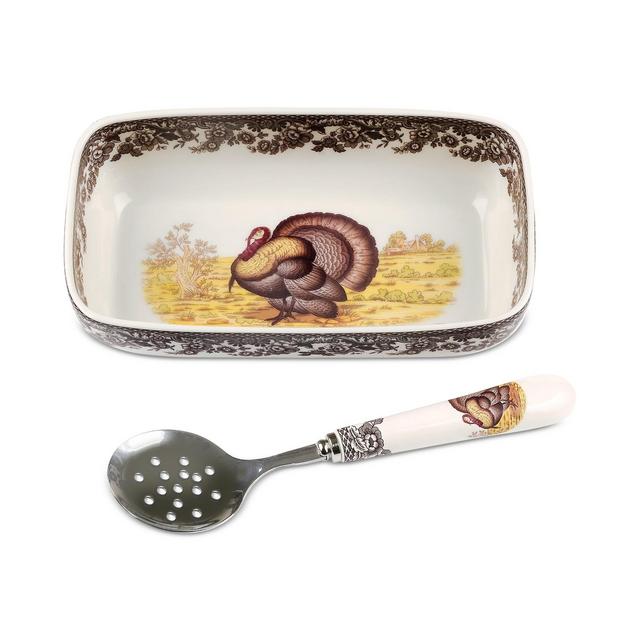 Spode Woodland Turkey Cranberry Dish with Slotted Spoon