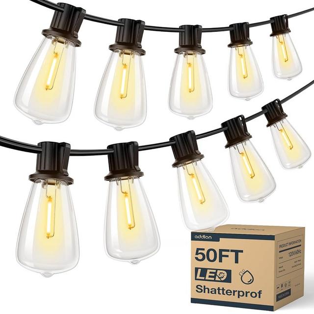 addlon 50FT LED Outdoor String Lights Waterproof Patio Lights with 16 Shatterproof ST38 Replaceable Bulbs(1 Spare), Dimmable Outside Hanging Lights Connectable for Porch, Backyard, 2200K Warm Yellow