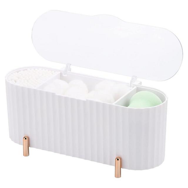 Tecbeauty Qtips Holder, 3-Grid Cotton Swab Dispenser, Ball Storage Box, Jar for Pads - White