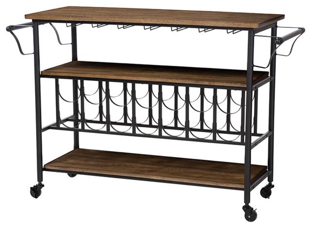 Bradford Textured Metal, Distressed Wood Mobile Kitchen Cart, Black And Brown
