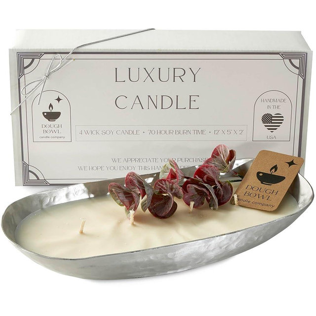 Dough Bowl Candle Co. Luxury Candle - Scented Luxury Candles for Home, 12x5x2 Inch Vessel for Women and Men, Fancy 4 Wick for All Occasions (Silver, White Eucalyptus)