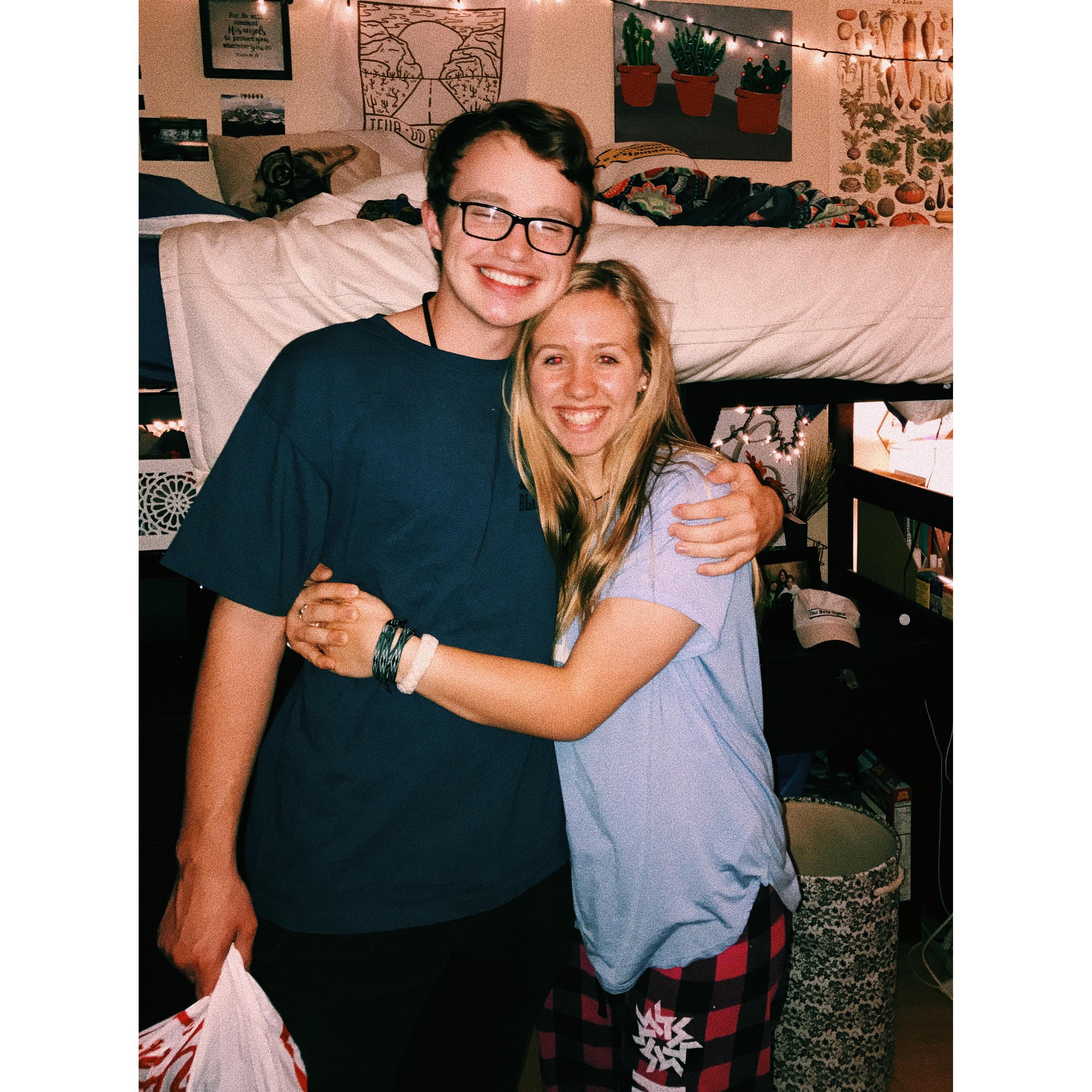 This is our first picture together, taken in Chrissy's dorm room at Hotz Hall! April 2018.
