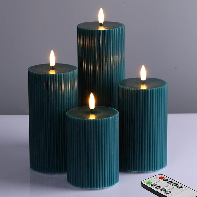 Girimax Teal Ribbed Flameless Pillar Candles with Remote, Flat Top Flickering LED Wax Battery Candles Set of 4, Φ 3" H 4" 5" 6" 8"