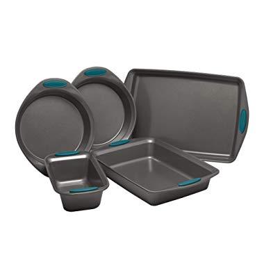 Rachael Ray 47021 Nonstick Bakeware Set with Grips includes Nonstick Baking Pans, Baking Sheet and Nonstick Bread Pan - 5 Piece, Gray with Marine Blue Handles