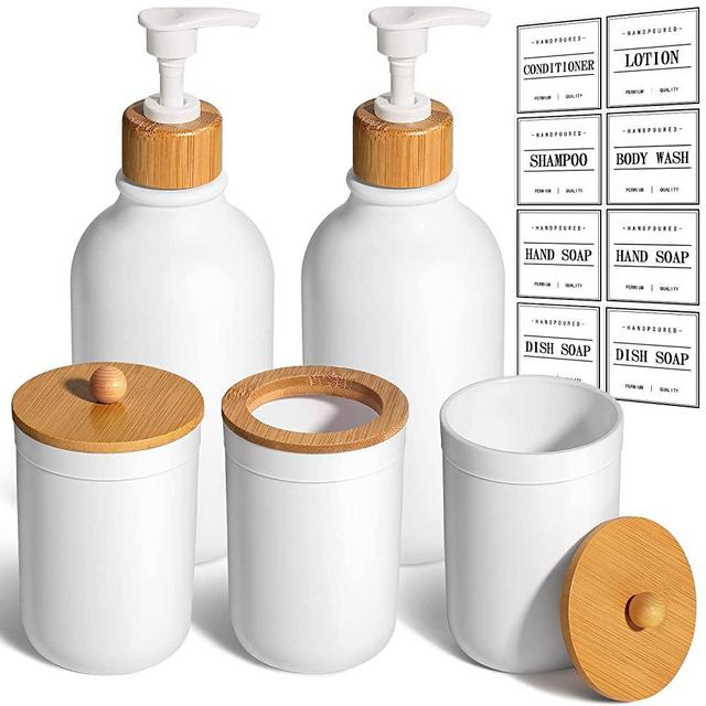 MIERTING Bathroom Accessories Set 5 Pcs, Bamboo Bathroom Accessory Sets Complete, Soap Dispenser and Toothbrush Holder Set, Qtip & Cotton Ball Holder, Boho Bathroom Decor, Housewarming Gift