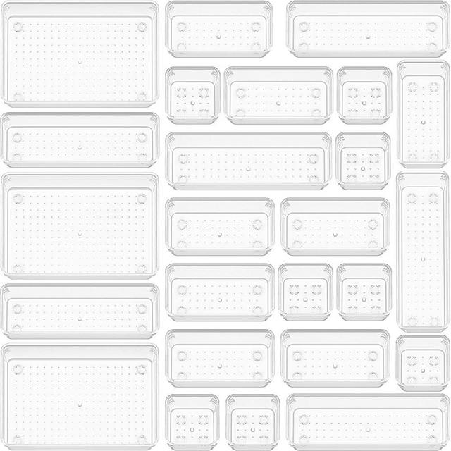 25 PCS Clear Plastic Drawer Organizer Set, Non-Slip/Crack Bathroom Vanity Drawer Organizer Trays Dividers, Versatile Storage Bins for Makeup, Jewelry and Office, Desk, Bathroom, Bedroom, Kitchen